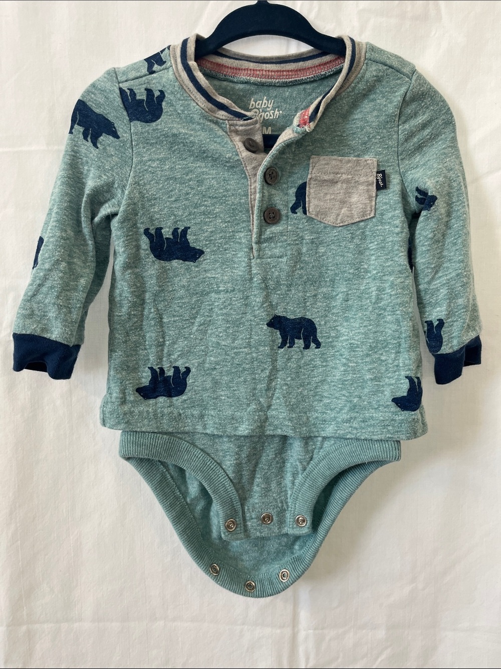 OshKosh B'gosh Teal Bear-Print Long-Sleeve Bodysuit with Navy Accents